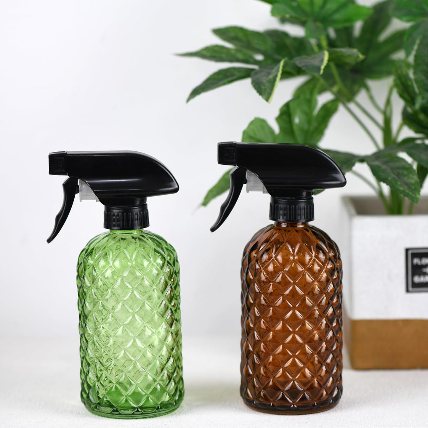 12Oz Glass Plant Spray Bottle, Gem Pattern Glass Sprayer, Watering Can with Black Plastic Top Pump, Handheld Watering Can for Indoor Outdoor Potted Plants and Greenery (Amber)