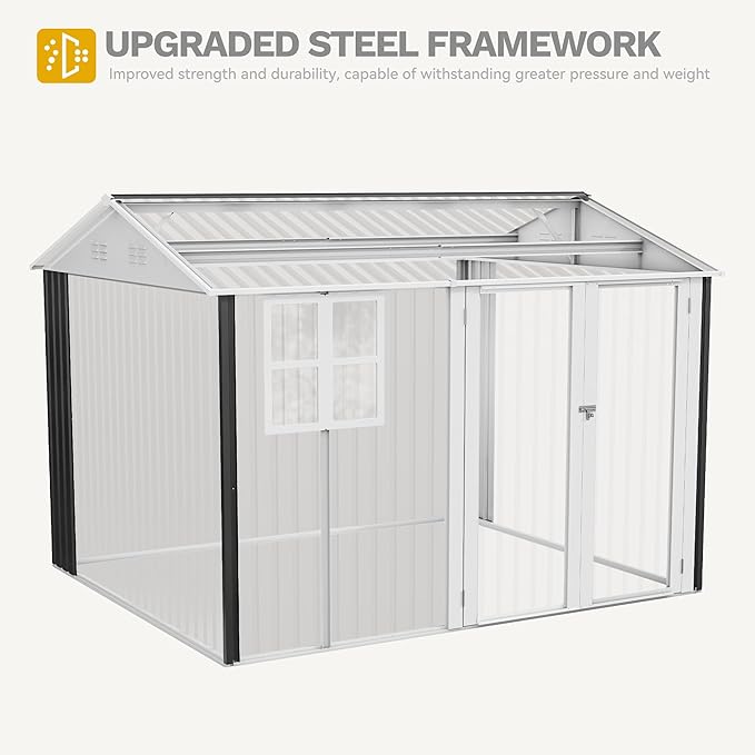 DWVO 10' x 8' Outdoor Storage Shed, Waterproof Metal Garden Shed with Windows, Lockable Doors, and Sloped Roof for Patio, Backyard, Lawn, Tool Storage, Bike Shed, Pet Shelter (Gray + White)