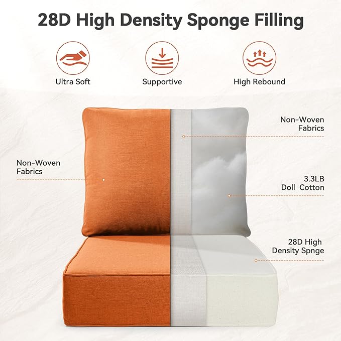 Luxury 6" Outdoor Cushions for Patio Furniture, 24x24x6 Thick Seat Cushion Set of 8, Fade Resistant Couch Chair Replacement Cushions High Density Deep Wicker Chair Cushion w/Removable Cover, Orange