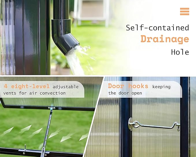 AMERLIFE 12x13.5x9 FT Polycarbonate Greenhouse with Quick Connector Fast Assembly, Large Greenhouses for Outdoors, Swing 2 Doors 4 Vents , Black