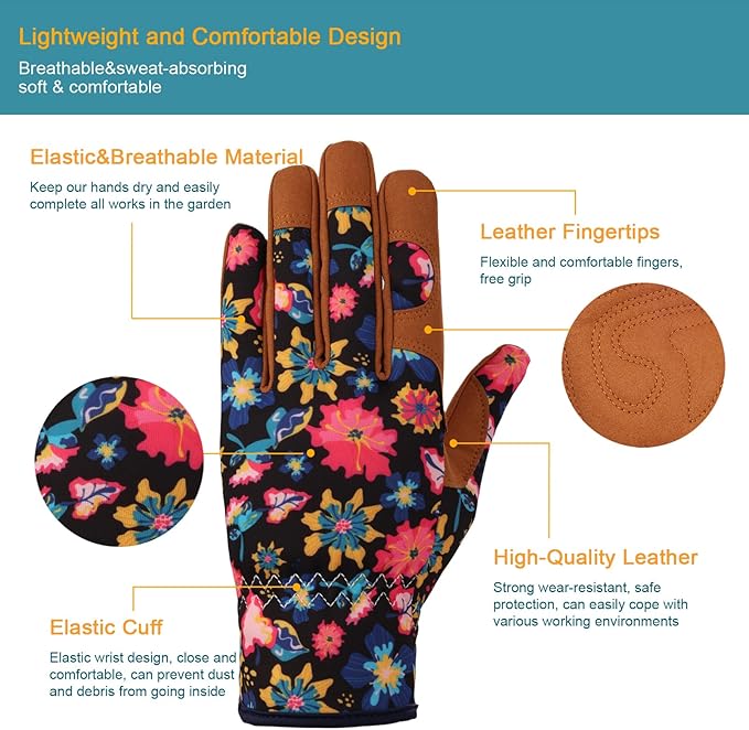 Bamllum Leather Gardening Gloves for Women - Working Gloves for Weeding, Digging, Planting, Raking and Pruning