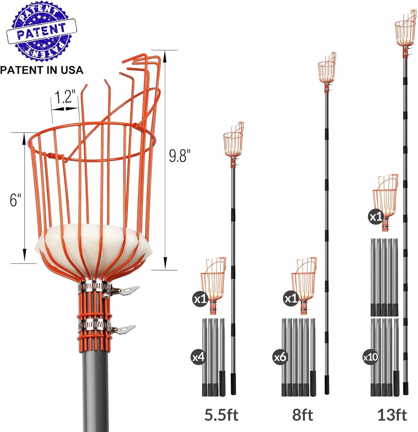 Walensee 5.5FT Fruit Picker, Adjustable Fruits Picker Tool with Lightweight Stainless Steel Pole and Big Basket, Fruit Catcher Equipment Tree Picker for Apples Mango Pear Orange Avocados Fruit Picking
