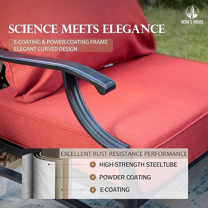 HERA'S HOUSE 5 Piece Patio Furniture Set, 2 x Leg Chair, 2 x Ottoman, 1 x 3-Seat Sofa, All Cushioned 7 Seats Metal Outdoor Conversation Set for Lawn Garden Backyard