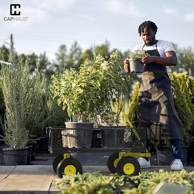 CAPHAUS Metal Black Garden Cart, w/ 180° Adjustable Yellow Handle, w/Mat and Strap, Heavy Duty 880 lbs Capacity, w/ 10” Flat-Free Tires, Sides Removable, Utility Wagon, Lawn Cart, for Garden, Yard