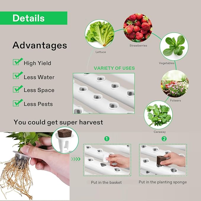 VIVOSUN Hydroponic Grow Kit, 54 Plant Sites 6 Food-Grade PVC-U Pipes Hydroponics Planting System with Water Pump, Pump Timer, Nest Basket and Sponge for Leafy Vegetable