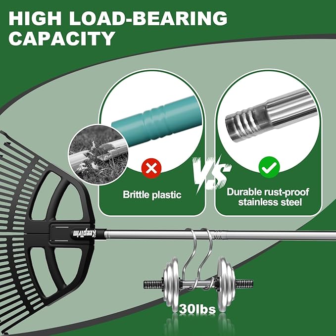 Adjustable Leaf Rake 30-65 Inch – 30 Tines Garden Rakes with Non-Slip Handle&Quick-Detach Head Lightweight Yard Rake for Wet Leaves, Pine Needles, Gravel