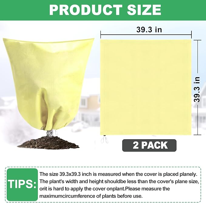 2 Pack Plant Covers for Winter Trees Covers Freeze Protection, 39.3" x 39.3" Frost Covers for Outdoor Plants with Drawstring, Shrub Covers for Winter, Rose Bush Covers for Winter