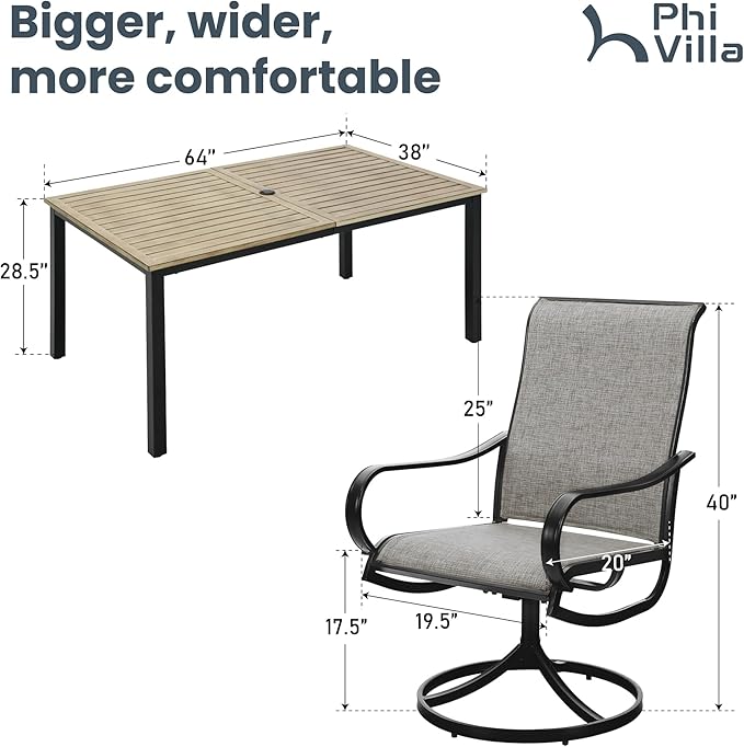 PHI VILLA Patio Dining Table and Chairs, 6 Swivel Dining Chairs with Armrest, Brown Metal Slat Table Top with 1.6" Umbrella Hole, Rustproof E-Coating for All Weather