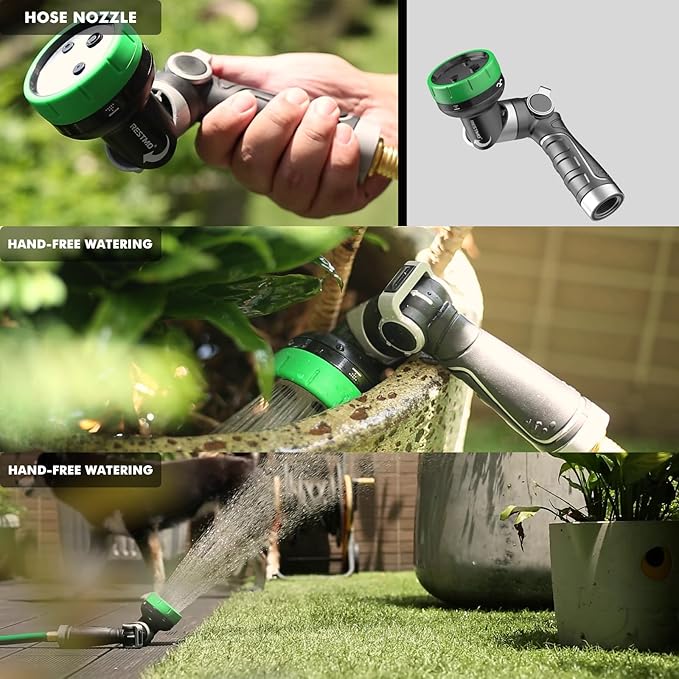 RESTMO 2-IN-1 Garden Hose Nozzle, Heavy Duty Metal Water Hose Nozzle with 4 Spray Patterns, Magic Twist and Thumb Flow Control, Ideal for Watering Plants & Lawns, Washing Cars & Pets, Green