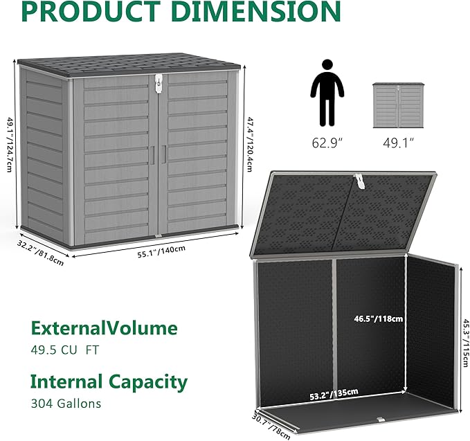 4.6 Ft. X 4.1 Ft Outdoor Horizontal Storage Shed, Resin Storage Shed with Double Lockable Doors, Ideal for Garbage Can Storage and Garden Tools, Strong Water Resistance, Gray