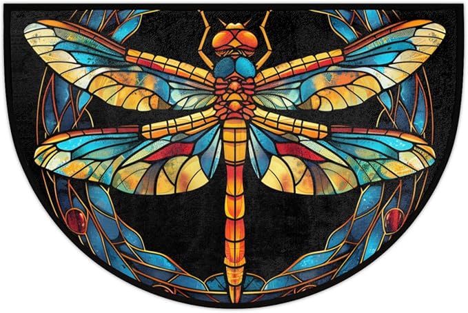 cfpolar Non-Slip Soft Half Round Door Mat, Colorful Dragonfly Semicircle Mat for Indoor Entrance Garage Bath Living Room Patio 24 x 36 in