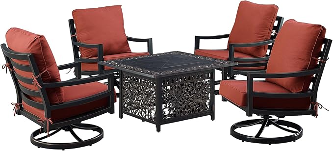 Oakland Living Black Aluminum Patio Fire Table Set with Four Club Chairs with Red Cushions