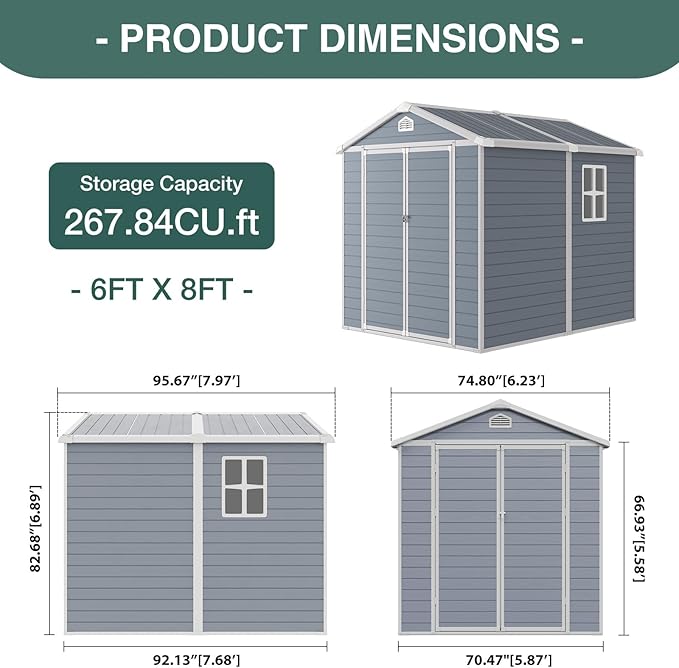 Storage Shed Plastic Outdoor Storage Shed Waterproof Container House with Lockable Door and Transparent Window for Garden, Lawn, Backyard, Patio (6x8FT)