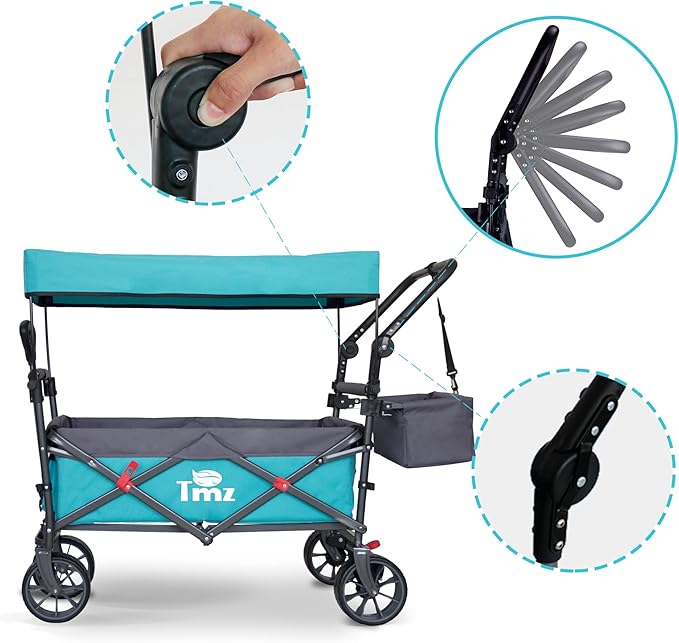 TMZ Collapsible Folding Outdoor Utility Wagon with Removable Canopy - 265lbs Heavy Duty Trolley with Rubber Wheels, Adjustable Handles, Rear Basket, for Shopping, Picnic, Camping (Turquoise/Grey)