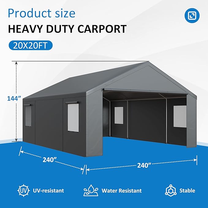 Polar Aurora Carport 20x20 FT, Heavy Duty Car Port Canopy, with 2 Side-Opening Door & Roll-Up Windows, Outdoor Portable Garage for Car, Truck, Boat, Motorcycle