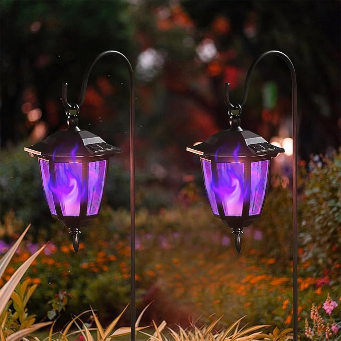 Dynaming 2 Pack Solar Halloween Flame Hanging Lights Outdoor, Flickering Flame LED Garden Lanterns with 2x38 Inch Shepherd Hooks, Landscape Lighting Waterproof for Lawn Yard Pathway Driveway, Purple