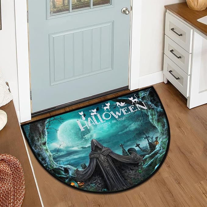 Halloween Half Round Door Mat, Halloween Pumpkin Cemetery Semicircle Door Mats, Non Slip Area Rug Soft Doormat for Indoor Entrance Wear Resistant Welcome Mat for Garage Patio Home Decor 24 x 36 In