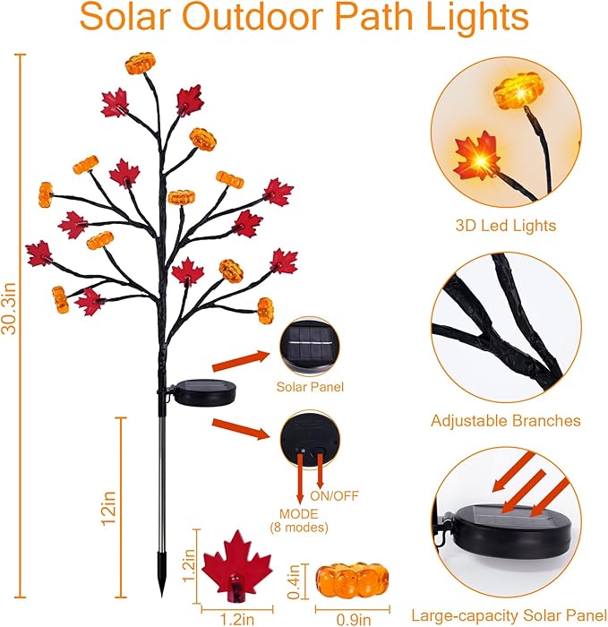 8 Pack Fall Solar Lights Outdoor, 160 LED Maple Pumpkin Stake Lights with 8 Mode, Waterproof Solar Pathway Lights for Garden Patio Yard Fall Outdoor Decor