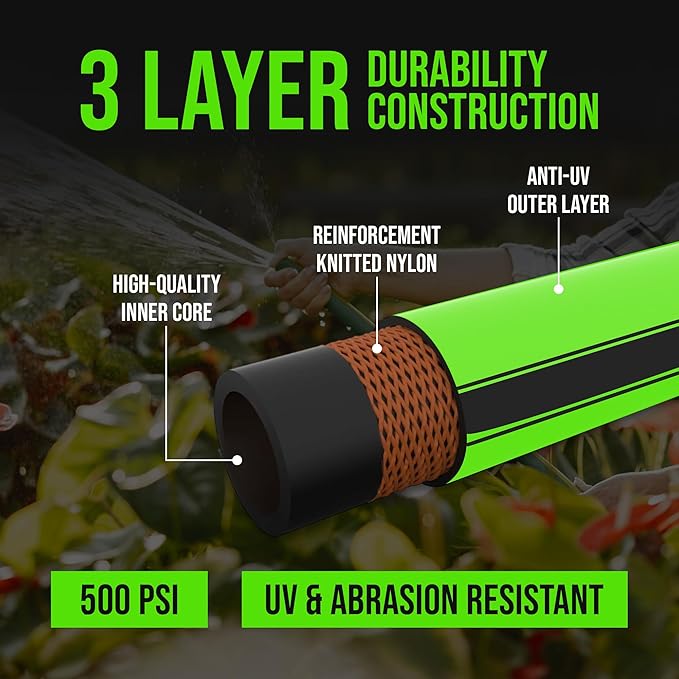 100ft Garden Hose – 5/8 in Lightweight PVC, Flexible, UV-Resistant, Kink-Resistant, 500 PSI Burst Strength, Brass Fittings, Weatherproof Hose for Lawn, Garden, Car Wash, Outdoor Use