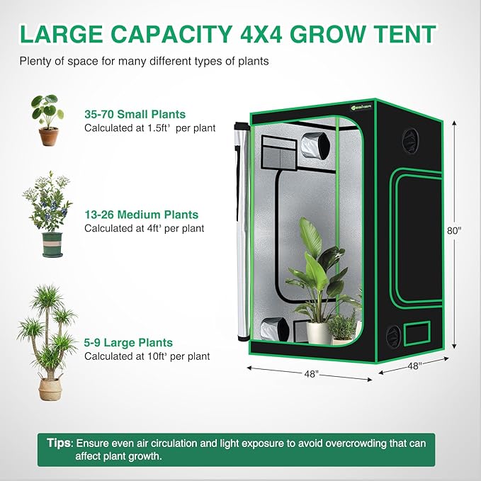Yesker 4x4 Grow Tent 48"x48"x80" High Reflective Mylar Indoor Growing Tents 600D Oxford Cloth with Observation Window and Removable Floor Tray for Hydroponics Indoor Plants Fruit Flower Veg Growing