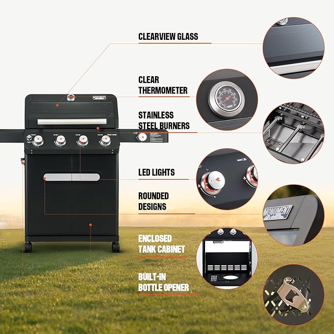 Monument Grills 4+1 Outdoor Barbecue Stainless Steel 4 Burners & 1 Side Burner Propane Gas Grill, 52,000 BTU Patio Garden Barbecue Grill with Knob Controls, Mesa425, Black