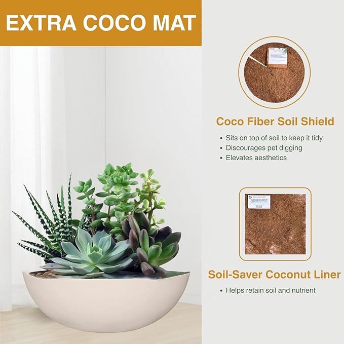6.9"H x 19.7"D Round Bowl Fiberstone Planter for Succulent and Lotus, Drainage Hole, Weather Resistant for Indoor and Outdoor Use, Included 2 Extra Coco Mats (Kilim Beige, 17.9" Pot Opening)