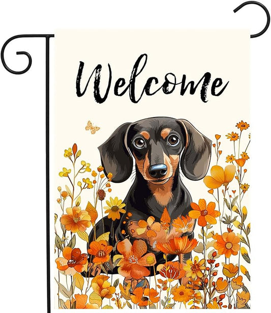 Floral Dachshund Garden Flag Fall Yard Flag Wildflower Dog Garden Flags Orange Autumn Lawn Flags Welcome Thanksgiving Outdoor Flags for Outside 12x18 Double Sided Small