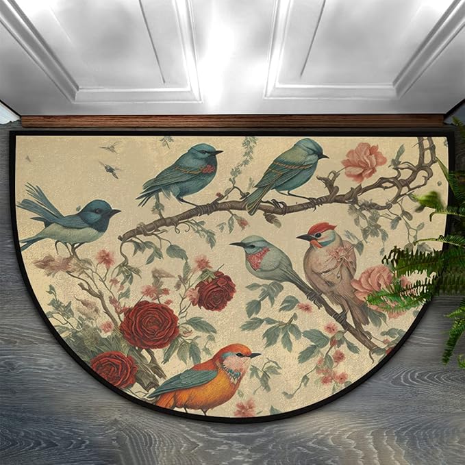 cfpolar Bird Half Round Door Mat, Vintage Bird Tree Flowers Retro Semicircle Doormat, Non Slip Soft Area Rug for Front Door Indoor Entrance Wear Resistant Welcome Mat, 24 x 36 in