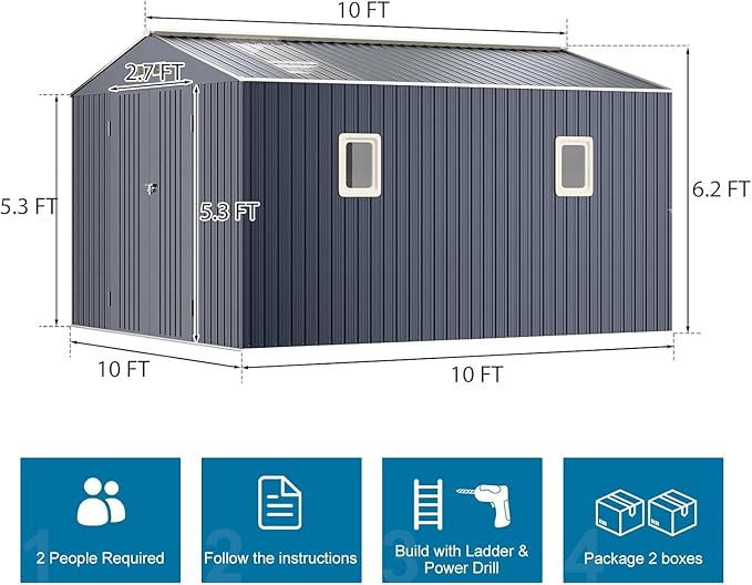 Restland 10x10 FT Outdoor Storage Shed with Floor Base Frame Reinforced Metal Shed with Clear Roof, Air Vent & Lockable Door Large Garden Tool Storage Sheds for Backyard, Garden, Lawn