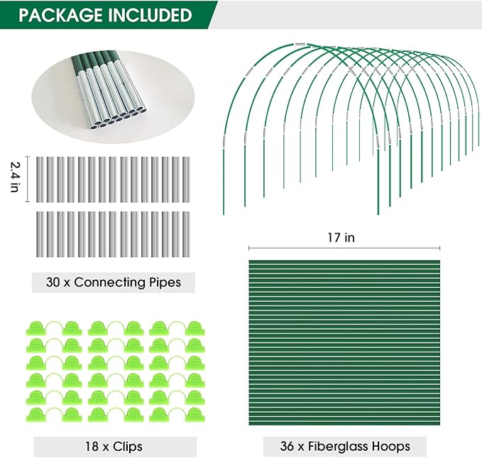 72Pcs Garden Hoops for Raised Beds, 12 Sets of 8Ft Greenhouse Hoops Grow Tunnel, Rust-Free Fiberglass Garden Hoops Frame, DIY Plant Support Garden Stakes for Netting Row Cover Shade Cloth