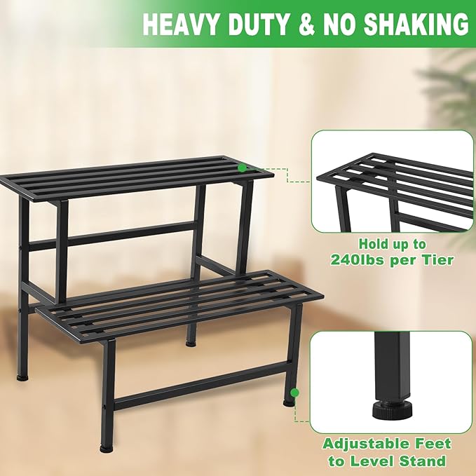 Metal Plant Stand Outdoor Plant Shelf Indoor,2 Tier Heavy Duty Ladder Plant Stands for Multiple Plants,26" L x 20.25" H x 17.75" W,Black