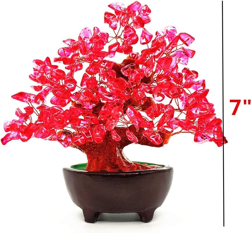 7 Inch Quartz Crystal Money Tree Bonsai Feng Shui Gem Decoration for Wealth and Luck (Red)