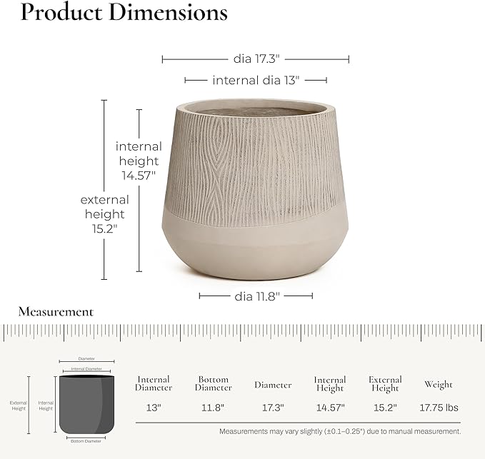 LuxenHome 17" Dia Concrete Round Planter, Large Outdoor Indoor Plant Pot with Drainage Hole and Rubber Plug, Flower Pot for Plants, Blended Tan with Wood Pattern Planter for Home Garden Patio