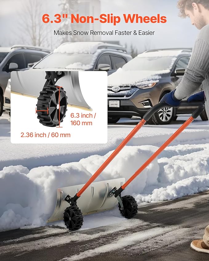 VEVOR 24 inch Snow Pusher Shovel with Wheels, Metal Heavy Duty Wheeled Push Snow Shovels for Driveway