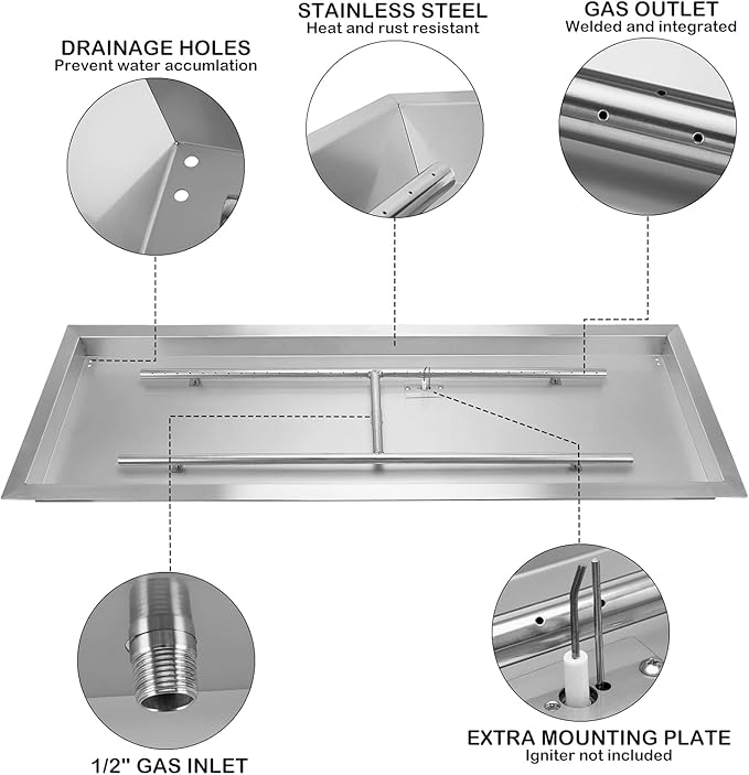 Stanbroil 48 x 14 Inch Rectangle Drop-in Fire Pit H-Burner Pan, Gas Fire Pit Insert for Outside DIY Fire Table, 304 Stainless Steel, BTU 185,000 Max