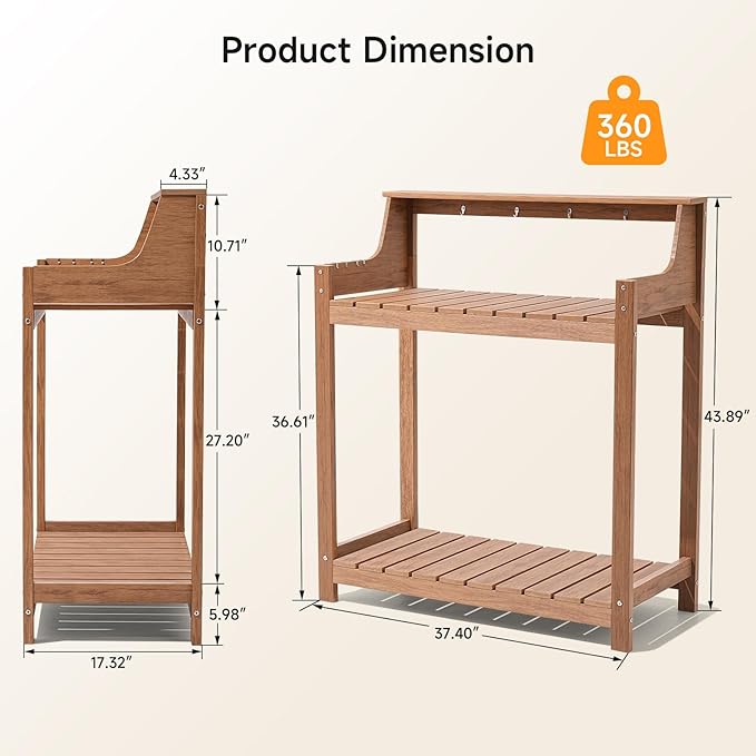 HDPS Potting Bench, All Weather Potting Table with 33.18" Highten Tabletop and 8 Hooks, Easy Assembly Garden Work Bench, Outdoor Potting Benches for Outside Patio Lawn, 360LBS Capacity, Teak