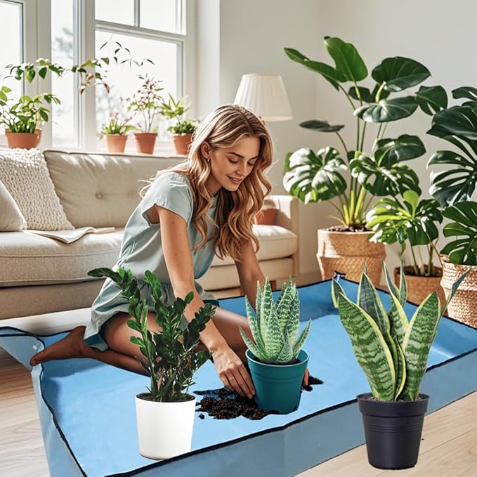 59" x 39" Extra Large Plant Repotting Mat, Foldable Gardening Mat for Indoor, Transplanting Houseplants, Pot Out, Mix Soil and Mess Control, Gardening Gifts for Women Men Plant Lover(Blue)