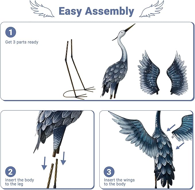 37 Inch Blue Heron Metal Yard Art, Garden Sculpture Spreading Wings for Patio, Lawn, and Backyard