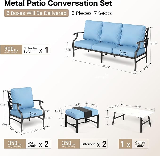 6 Piece Metal Outdoor Patio Furniture Set, Patio Conversation Sets 1 3-seater Sofa, 2 Fixed Chairs, 2 Ottomans with 5.75" Thick Cushion and Coffee Table, Black Backyard Furniture, Blue