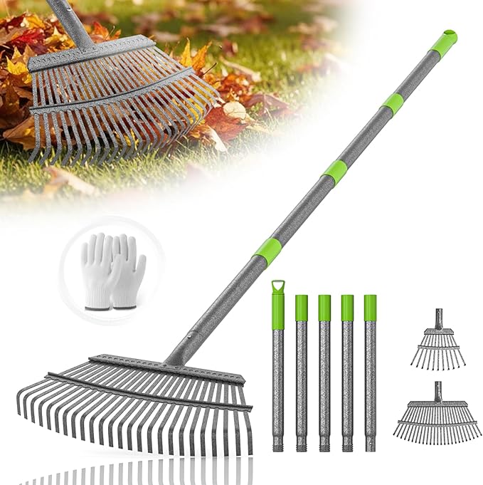 GARDENWORK Rake for Leaves,11&25 Tines Rakes for Lawns,73" Adjustable Garden Rake,Metal Leaf Rakes for Picking Leaves Yard Women Kids Cleanup Grass,Debris,Pine Needles Pick