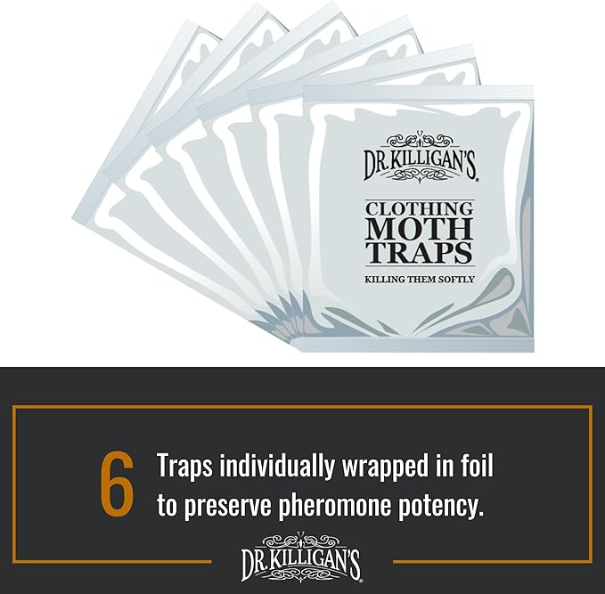 Dr. Killigan's Premium Double Potent Clothing Moth Traps with Pheromones Prime | Organic Clothes Moths Trap with Lure for Closets & Carpet | Case Making Moth Treatment & Prevention (6 Pack, White)