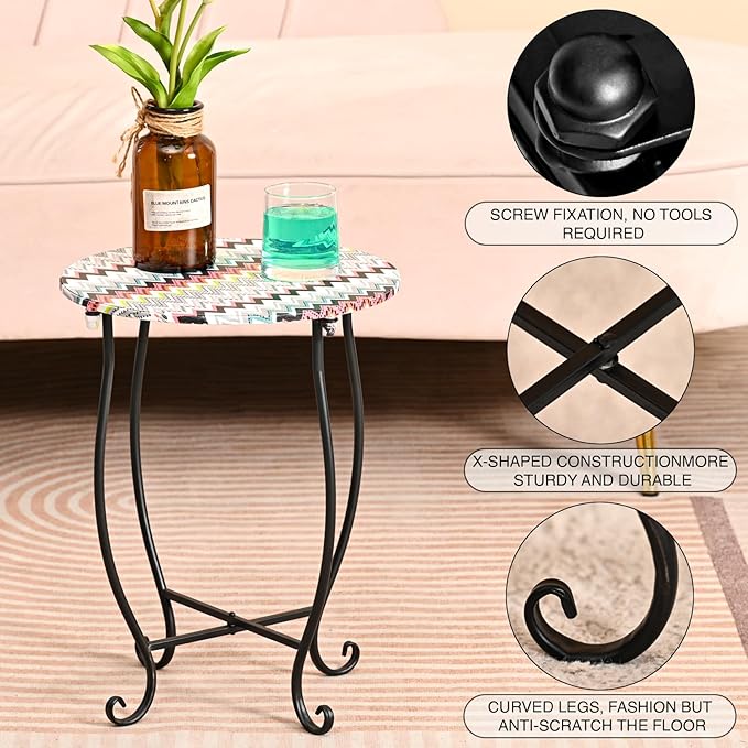 Patio Side Table, Versatile 14" Round Side Table Metal Stand for Balcony Yard Porch Bedside Rocking Chair and Pool Chair, Weather Resistant Accent Table for Indoor Outdoor Use, Easy Assembly