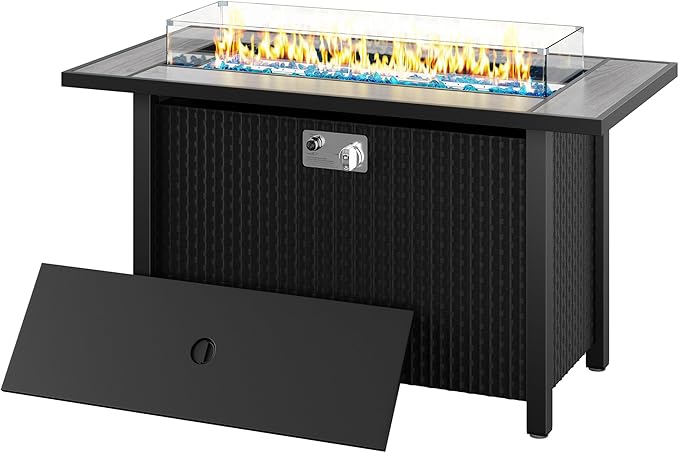 JAMFLY Propane Fire Pit Table 45 Inch, 50,000 BTU Outdoor Gas Firepit Table for Outside Patio with Glass Wind Guard, Blue Glass Rocks,Waterproof Cover, Gray
