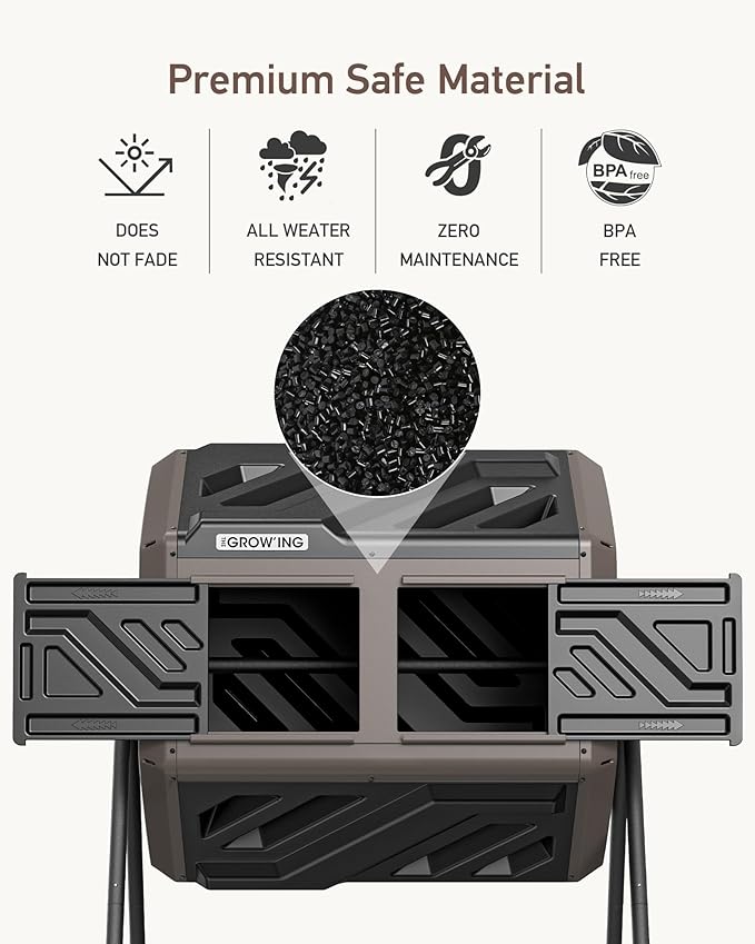 THEGROW'ING Updated 43 Gallon Compost Bin Outdoor, Fast Assemble Tumbling Composter, Dual Chamber Composter Tumbler, Rotating Compost Bin for Outside, Backyard, Garden and Yard, Coffee