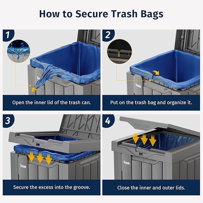 EAST OAK 31 Gallon Outdoor Trash Can | Waterproof Resin Garbage Can with Recycle and Garbage Labels | Secure Bag Lip Lock and Drip Tray | Outside Trash Bin for Patio | Kitchen, Backyard or Deck | Gray