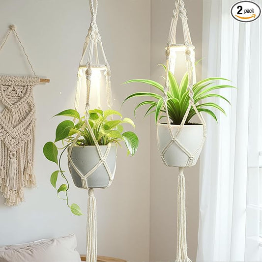 Macrame Plant Hanger with Grow Light: 2 Pack Sturdy Hanging Planters for Indoor Plants, Cute Plant Holder with Plant Light, Perfect for Different Size Pots (Daylight Spectrum)