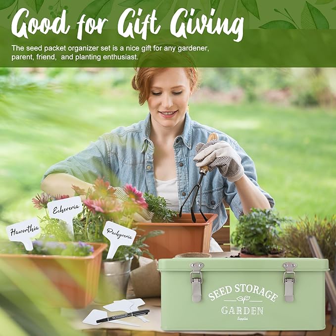 Maitys Seed Storage Container Box with Lid Garden Seed Packet Storage Organizer Decorative with Dividers and 100 Plant Labels 50 Seeding Envelopes 2 Marker Pens(Groovy,12.8 x 6.8 x 5.4)