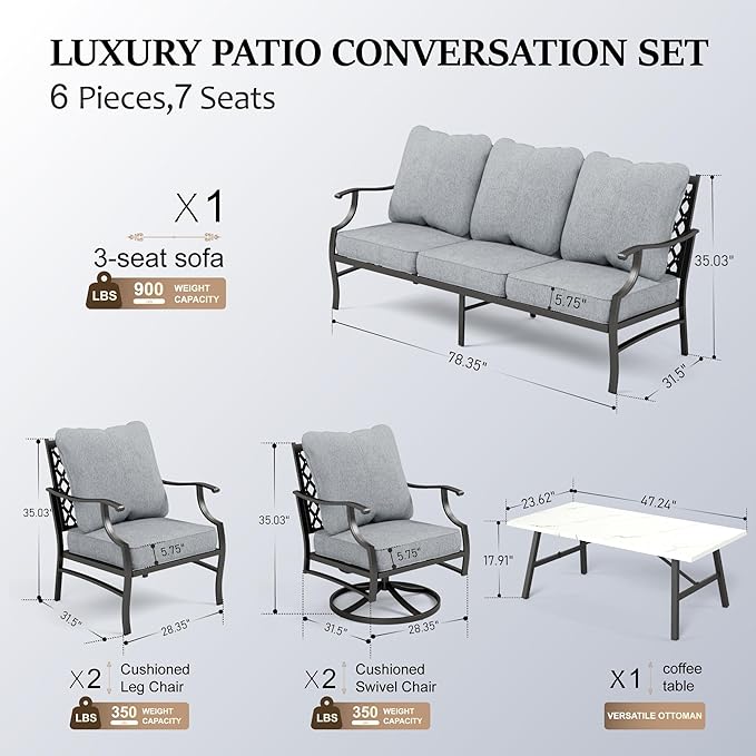 HERA'S HOUSE 6 Piece Patio Furniture Set, 2 x Swivel Chair, 2 x Fixed Chair, 1 x 3-Seat Sofa with Marbling Coffee Table, All Cushioned Outdoor Conversation Set for Lawn Garden Backyard, Grey