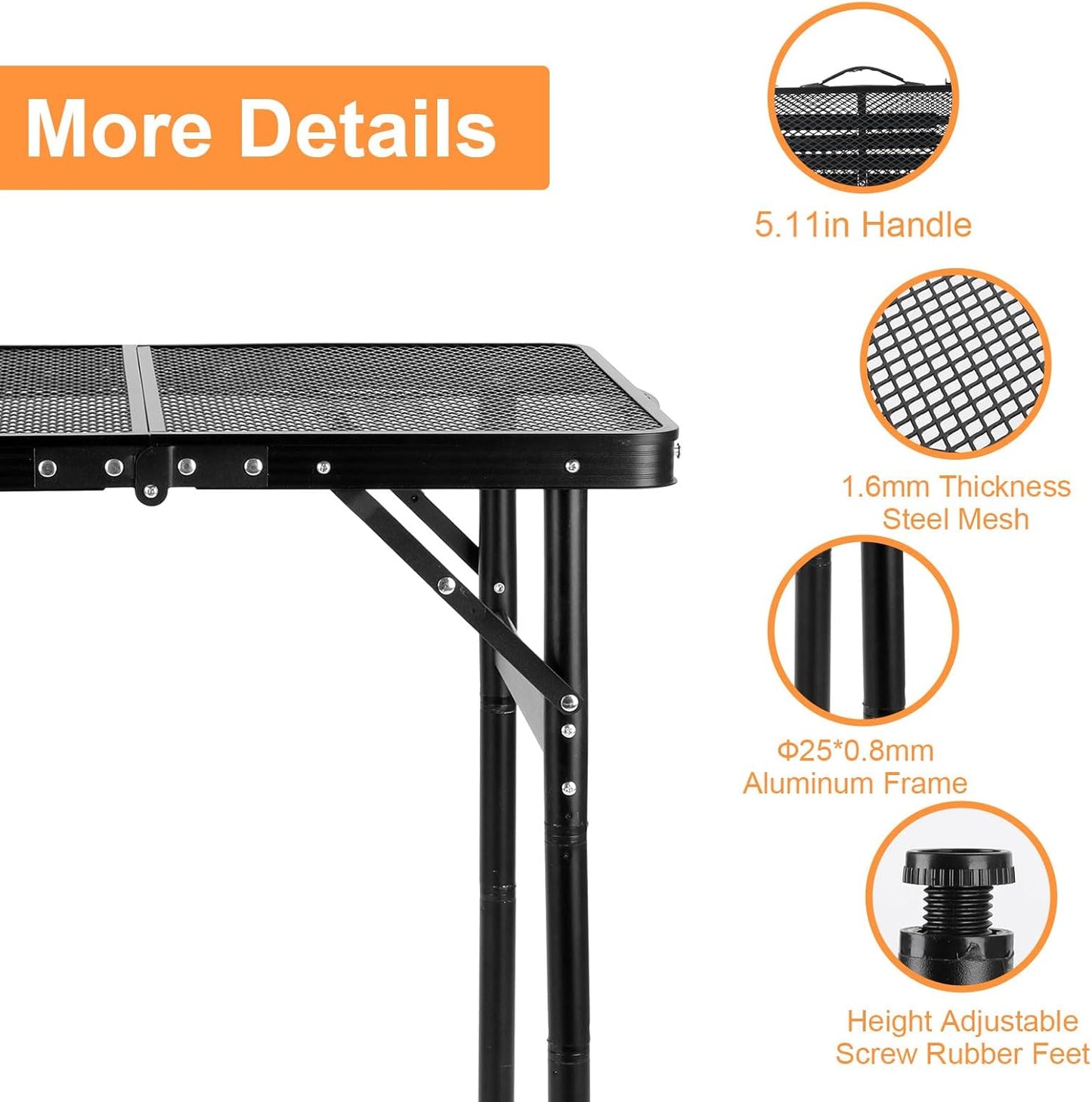Camping Table Grill 4 Height Adjustable Small Folding 2FT Foldable Picnic Portable Grill Stand Mesh Outdoor Beach BBQ RV Black