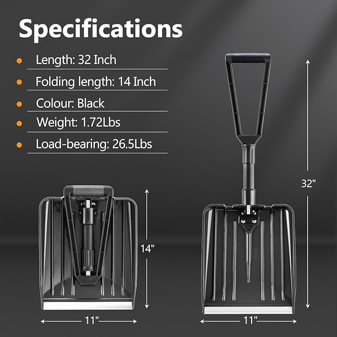 SHANTRA Folding Snow Shovel with Aluminum Edge, D-Grip Portable Shovel for Snow Removal, Lightweight Emergency Snow Shovel, Multifunctional Collapsible Shovel, Shovel For Car Driveway, Garden, Camping